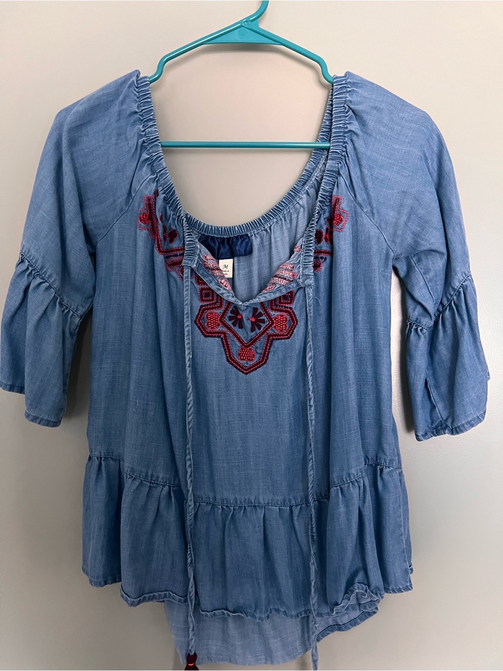 Light Blue Embroidered Peasant Blouse with Tie Neck